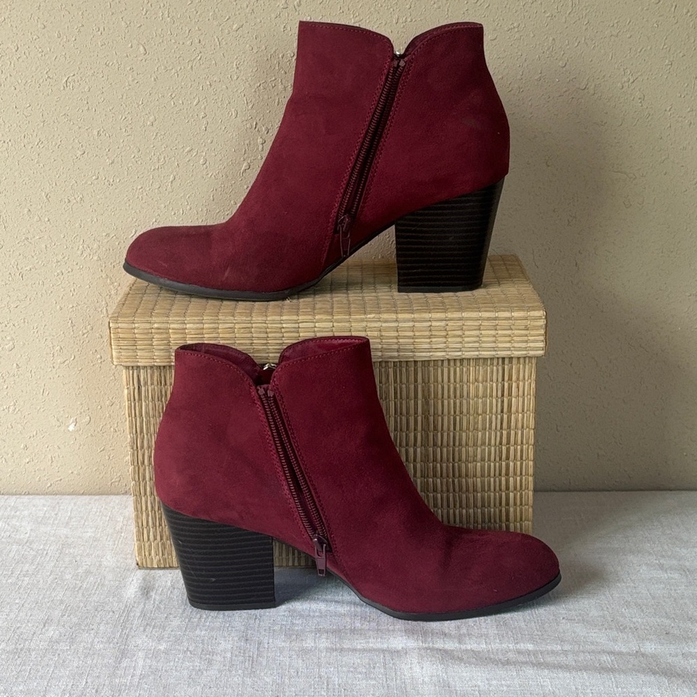 Women's Burgundy Suede Ankle Booties with Block Heel